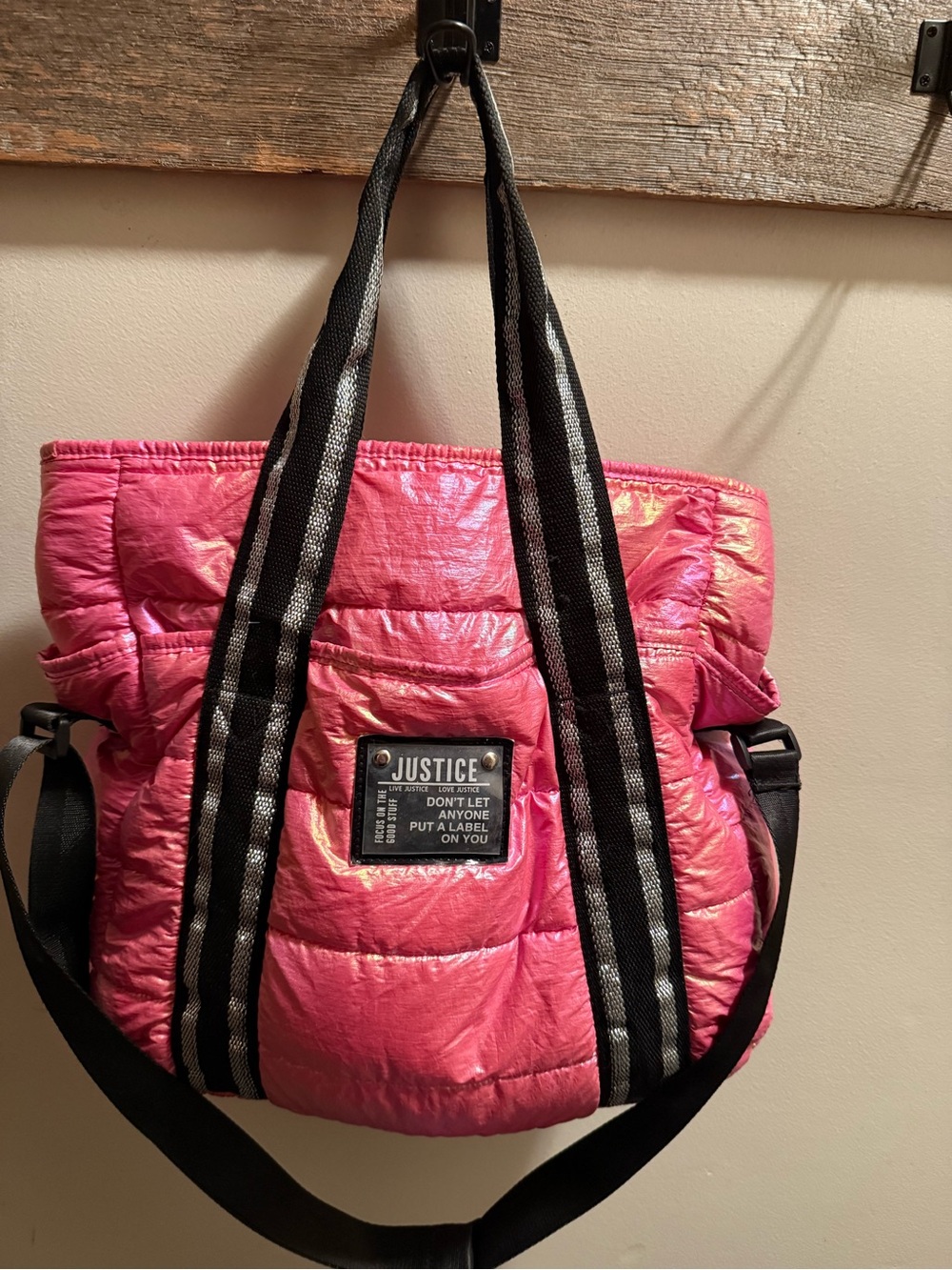 Justice Shiny Pink Quilted Tote with Black & Silver Straps EUC